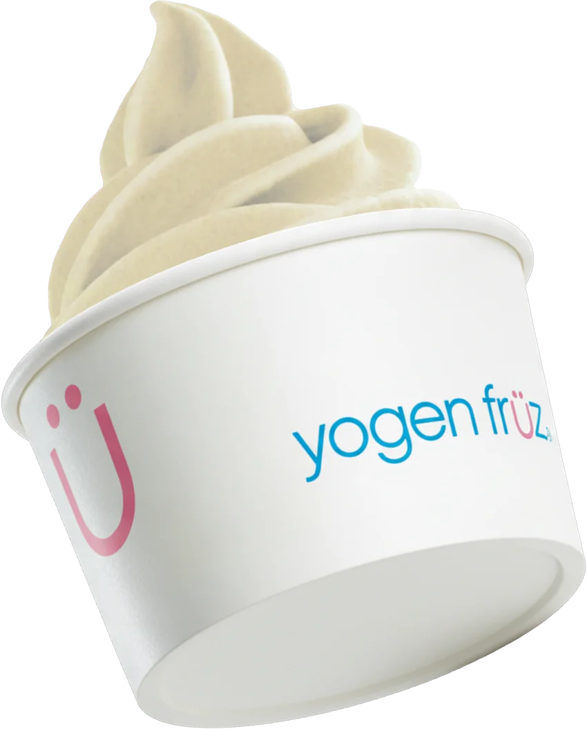 Yogen Früz cup of vanilla frozen yogurt with a swirled top
