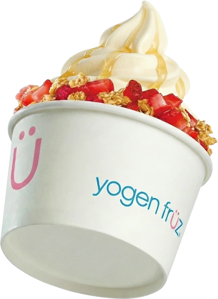 Yogen Früz cup of vanilla frozen yogurt topped with strawberries and granola