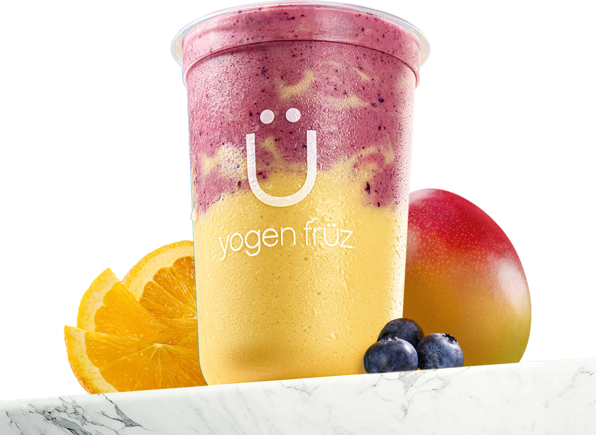 Power Smoothie: a layered mango and mixed berry smoothie with fresh fruit