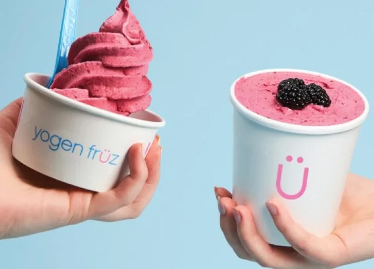 Two hands holding cups of berry frozen yogurt