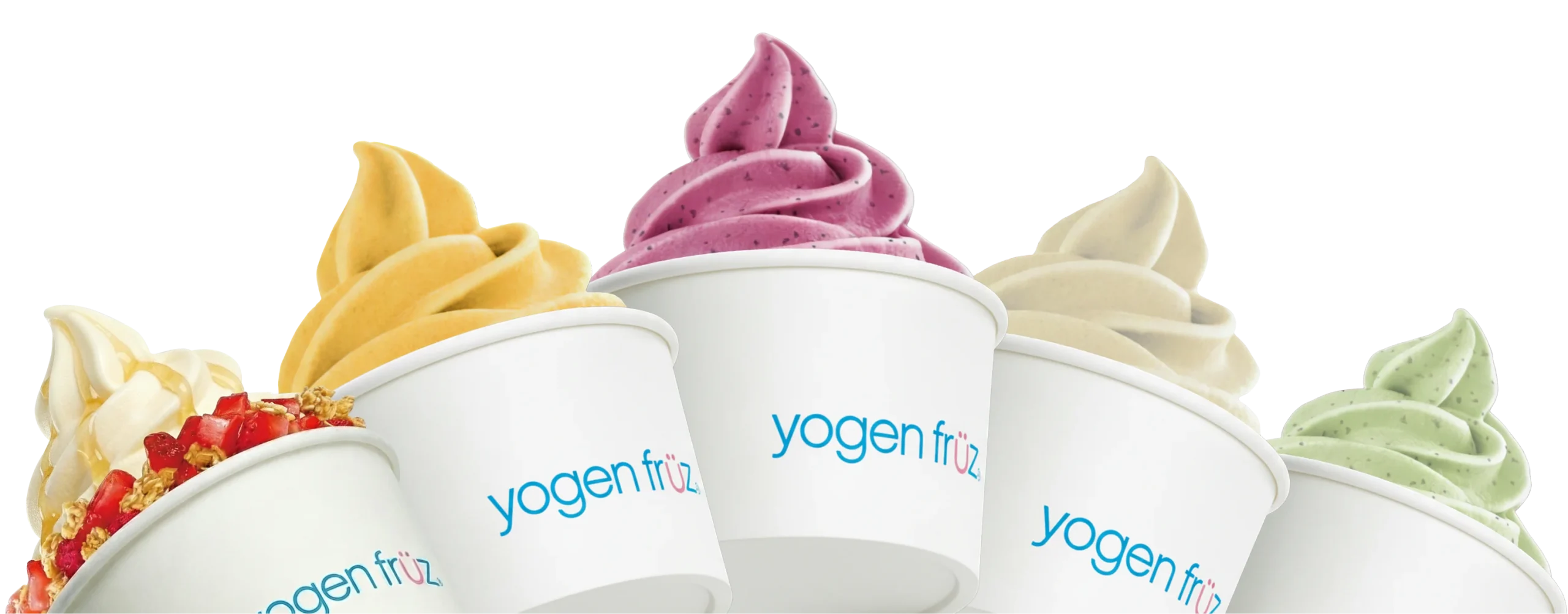 A row of Yogen Früz cups filled with different frozen yogurt flavours