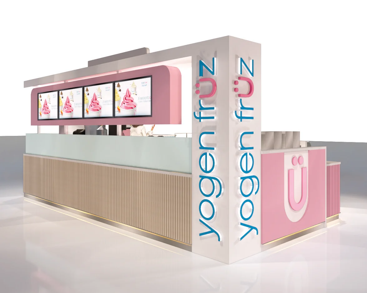 Free-standing Yogen Früz mall kiosk with wood panelling and illuminated vertical signs