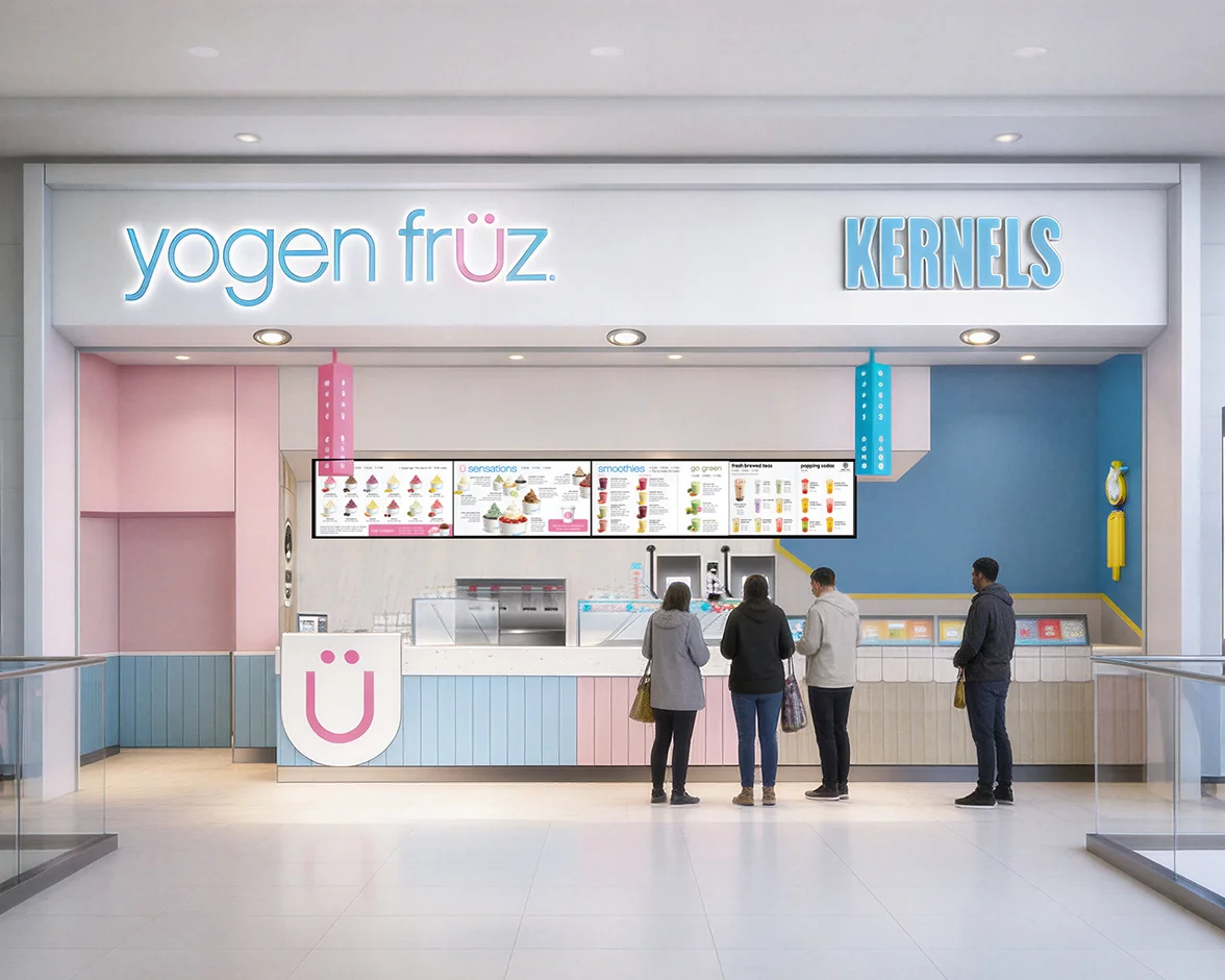 Yogen Früz counter inside a shopping mall next to a Kernels unit, with customers ordering