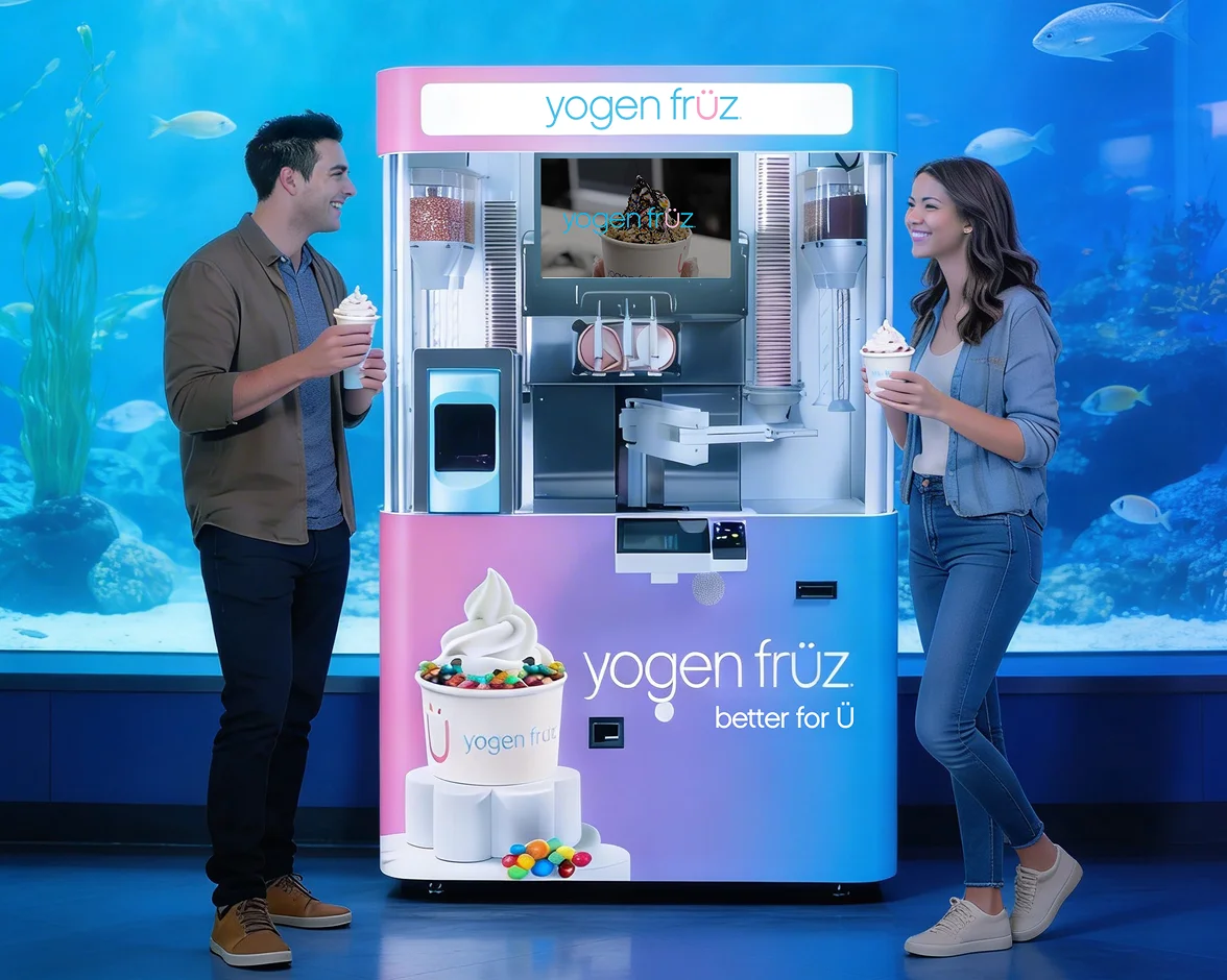 Automated Yogen Früz robotic unit with two customers holding frozen yogurt cups